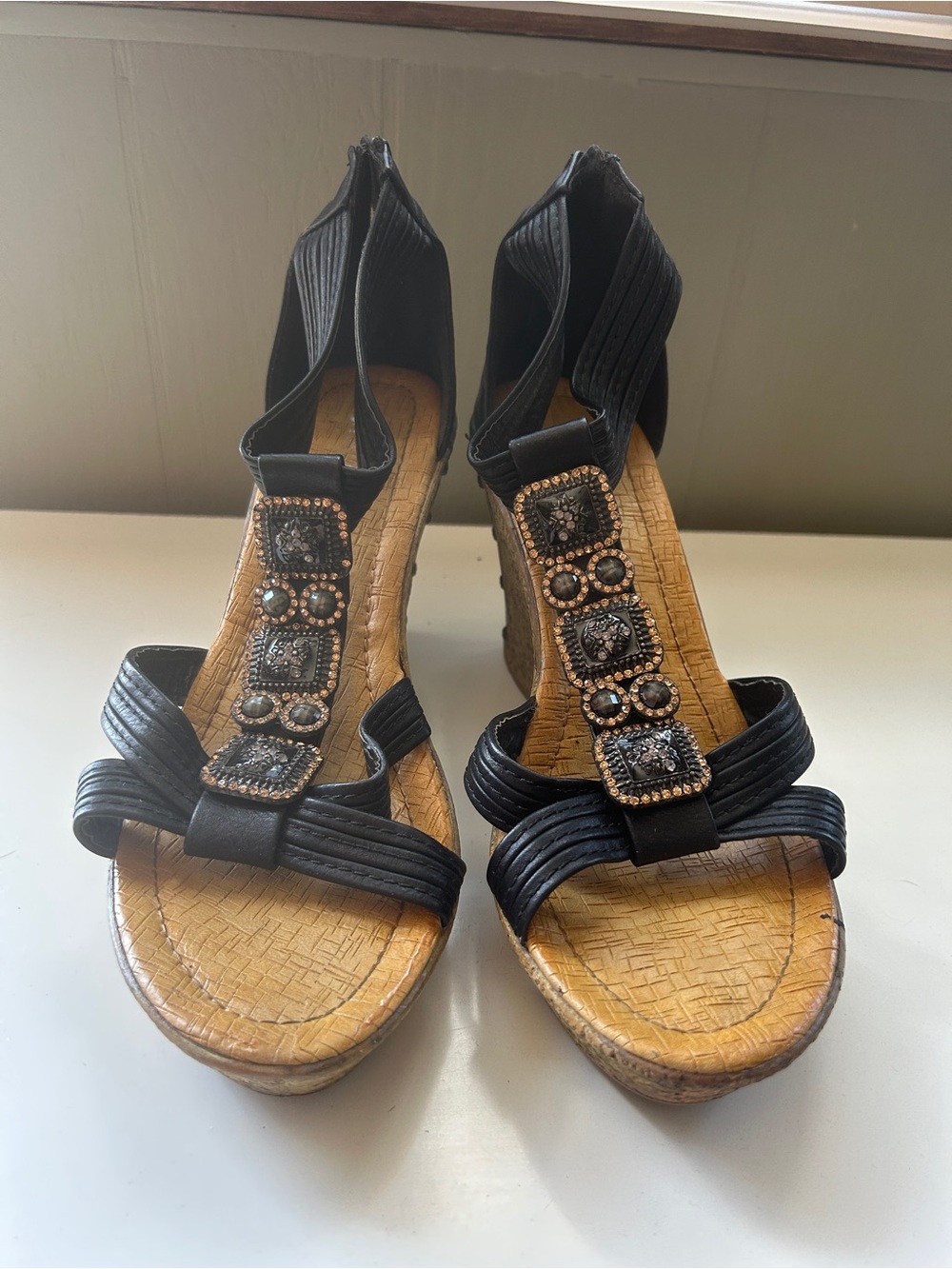Black Embellished Wedge Sandals